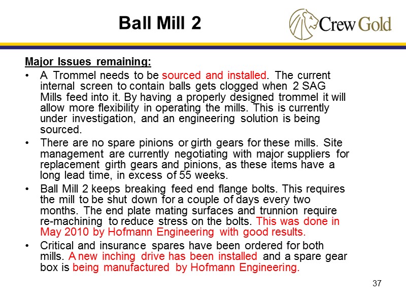 37 Major Issues remaining: A  Trommel needs to be sourced and installed. The